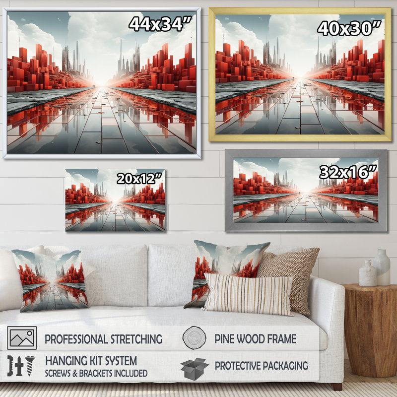 Abstrait paysage urbain futur II sur toile, Cadre simple noir, H 30 po x l 40 po x P 1,5 po