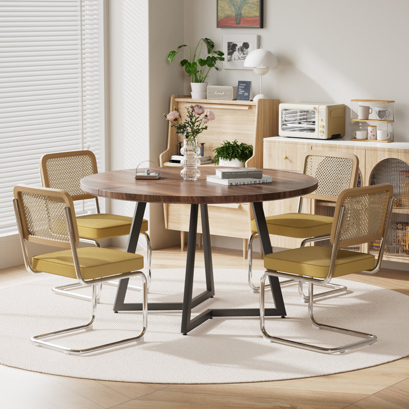Ensemble de table de salle à manger Mid Century, 5 pièces: table, 4 chaises, Jaune / argenté, Noyer
