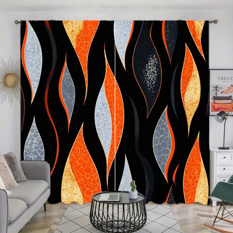 Rideau filtrant la lumière de style abstrait 2PCS avec motif de vagues gris noir et orange, décor moderne pour la maison, conception facile avec passe-tringle, rideaux toutes saisons pour le salon