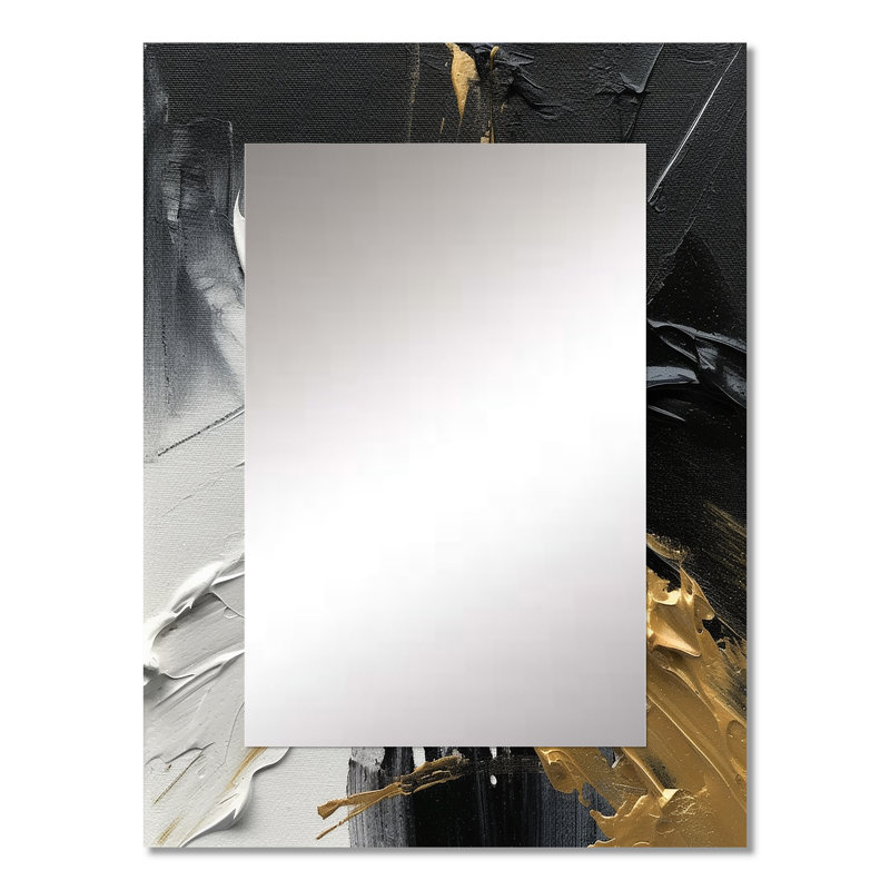 Exquisite Darling Gold Abstract Wave On Black I - Abstract Painting Large Wall Mirror, Modern Unique Mirror, Printed Metal Art