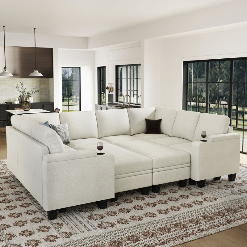 Canapé-lit modulaire en chenille avec rangement Anjanette, Chenille beige