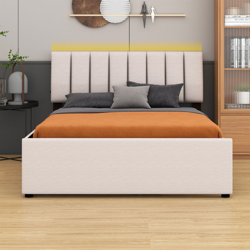 Lit plateforme tapissier avec lit gigogne, Beige