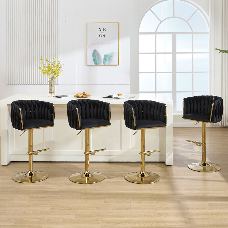 360° Velvet Swivel Bar Stools Set of 4, Modern Adjustable Counter Height Bar Stool with Woven Backrest & Footrest Stylish Stools For Kitchen Counter Breakfast Bar
