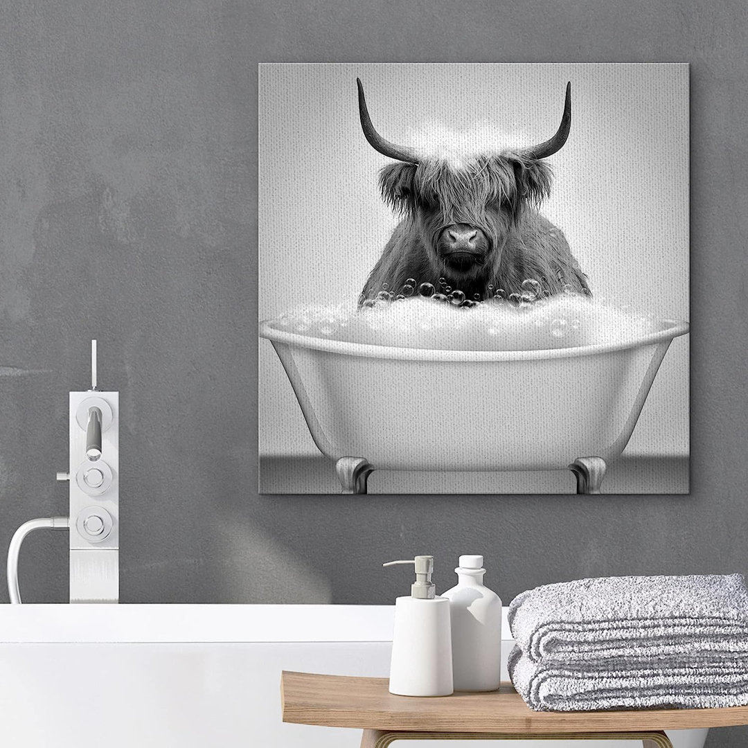 Animals Funny Animal Bathroom Pictures Shetland Cow In Bathtub Bathroom Decor On Canvas Print IDEA4WALL