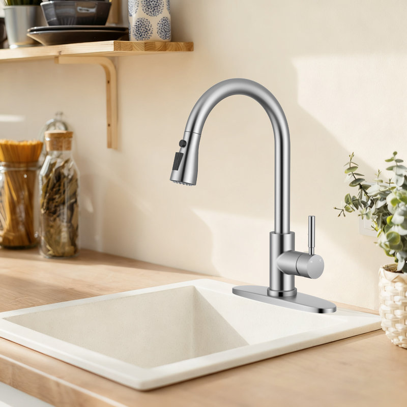 High Arc Commercial Kitchen Faucet for Sinks | Durable Brushed Nickel Finish | 20" Retractable Hose with 3-in-1 Pull-Down Sprayer (Stream, Spray, Pause), 304 Stainless Steel, Ceramic Valve, Gooseneck Spout, Suitable for Bar, RV, and Utility Sink