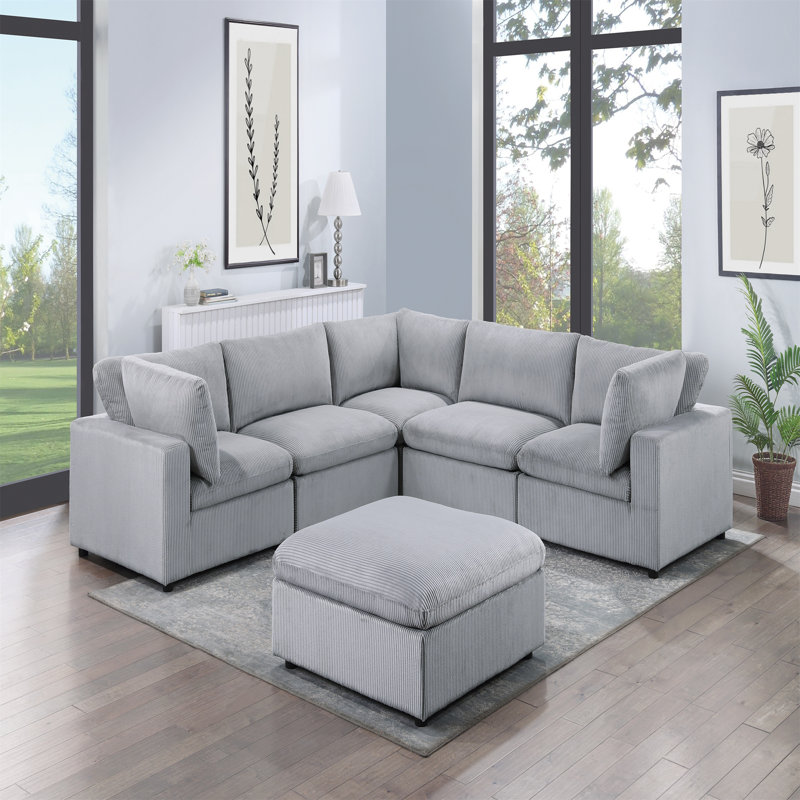 6pc Modular Sectional Set Corduroy Upholstery Couch 3x Corner wedge 2x Armless Chairs 1x Ottoman Living Room Furniture