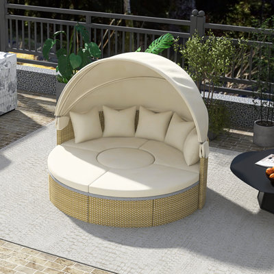 Patio Furniture Round Outdoor Sectional Sofa Set In Grey｜Rattan Daybed Two-Tone Weave Sunbed ｜Separate Seating And Removable Buttoned Cushion｜Retractable Canopy｜Adjustable Table｜Water-Resistant