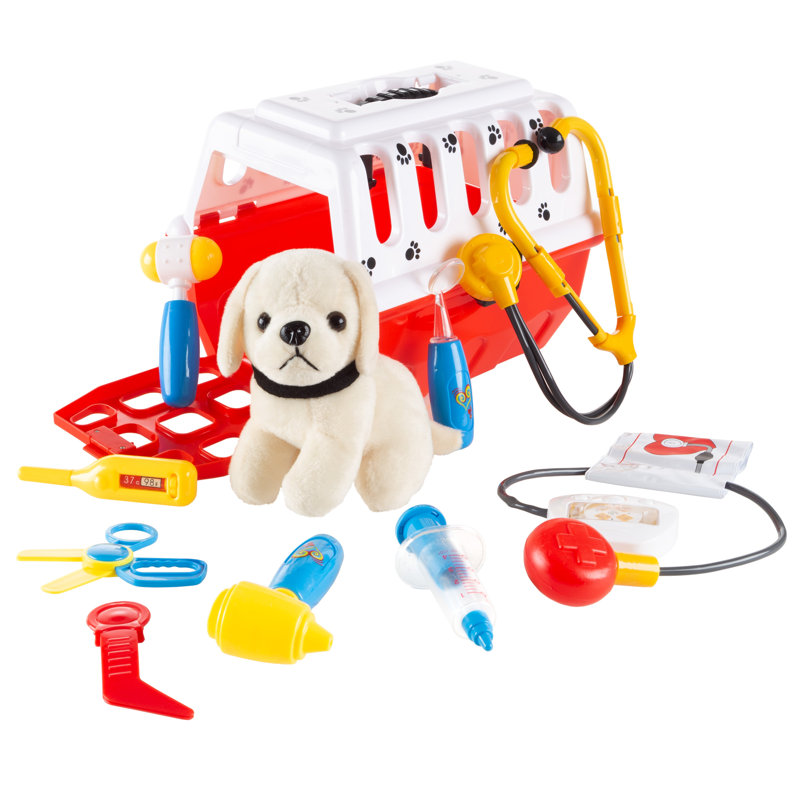 Kids Veterinary Set-11 Piece Complete Toy Set-Pretend Play Set with Animal Medical Supplies, Plush Dog, and Carrier For Boys and Girls