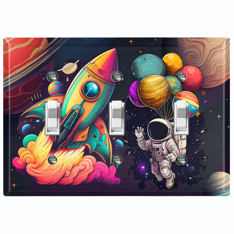 Colorful Animated Astronaut Space Ship Copper Rust Patina Teal Print 3 - Gang Toggle Light Switch Standard Wall Plate