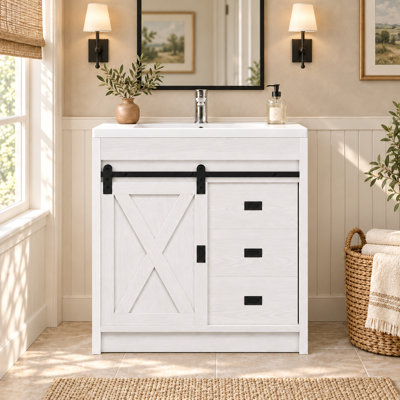 Ensemble de meuble-lavabo avec lavabo, meuble-lavabo à 3 tiroirs et porte de grange coulissante Farmhouse, ensemble de petit meuble-lavabo avec poignées en métal