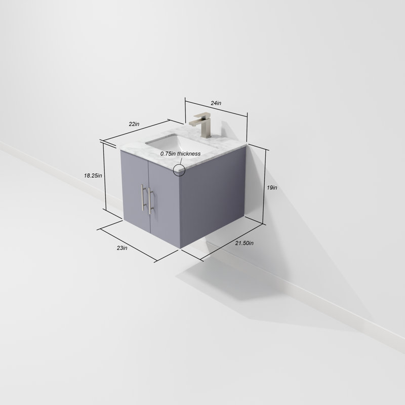 Geneva 24 in W x 22 in D Single Bath Vanity and Chrome Faucet Set, Dark Gray, White Carrara Marble