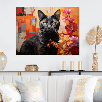Stylish Feline Cat In Floral Blooms I - Cat Metal Wall Art Decor