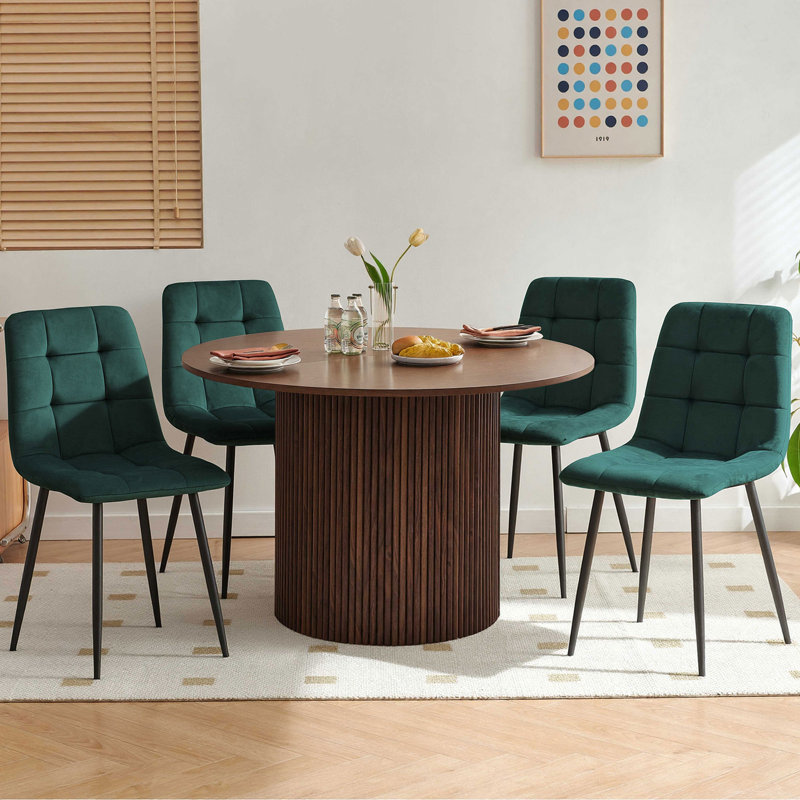 Dining Room Table Set For 4, Round Wooden Dining Table With Upholstered Chairs, Walnut Brown, Green