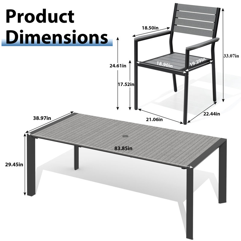 6 - Person Aluminum Patio Dining Set With Stackable Chairs And Umbrella Hole, Gray/Black