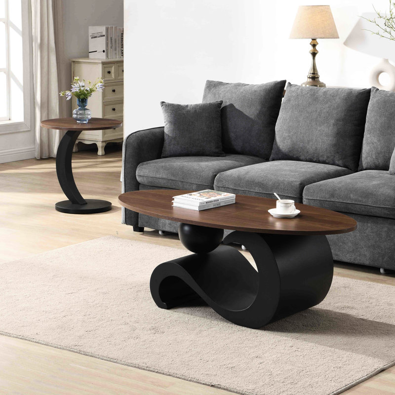 Élégante table basse gigogne 2 pièces noire, tables ovales et rondes, base en métal robuste, industriel facile à installer, ronde, pièce, conception de bout, salon, cadre stable, coussins réglables