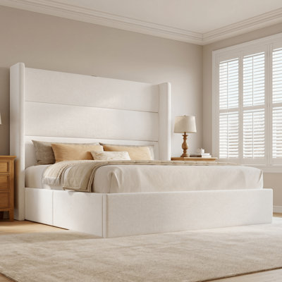 Chenille Wingback Storage Bed With 55" Tall Headboard