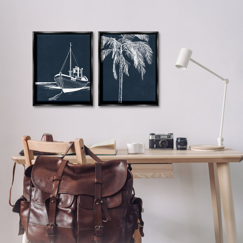 «Blue Boat & Palm», ensemble de 2 toiles flottantes encadrées par Leah Noel Art, H 21 po x l 17 po