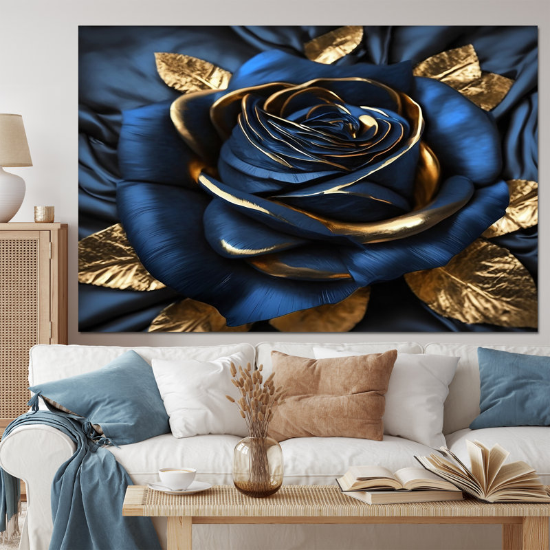 «Gilded Rose In Kings Blue I», art mural grand rose, H 40 po x l 60 po
