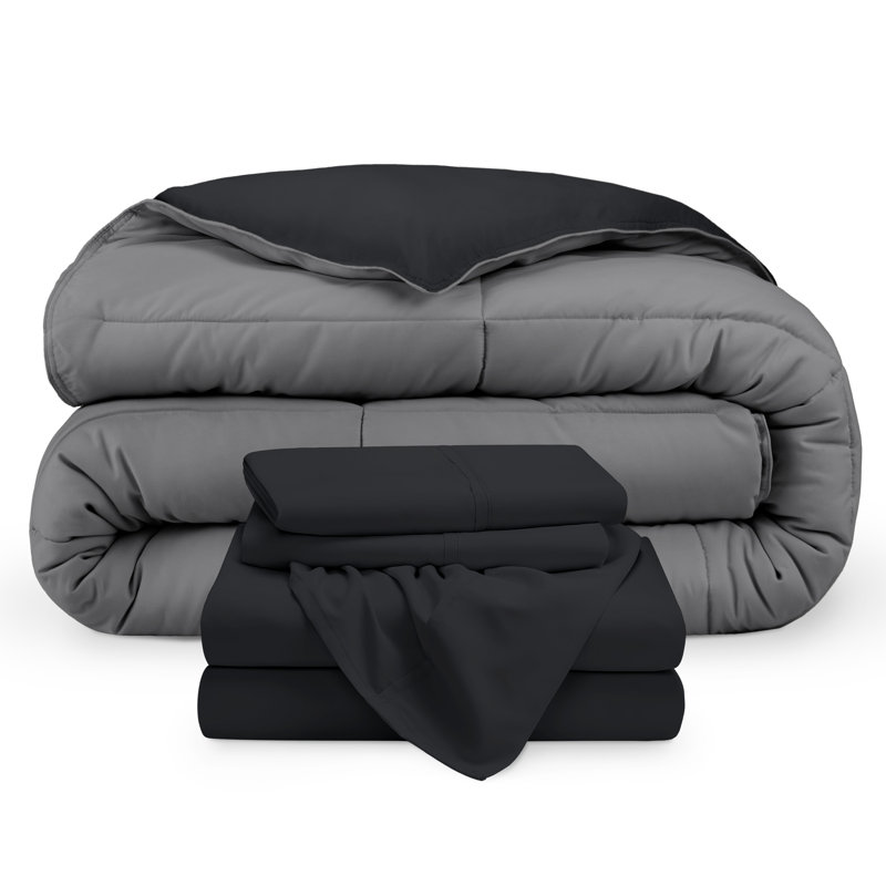 Microfiber Reversible Bed-In-A-Bag, Black/Grey, Black, King Comforter + 2 Pillowcases
