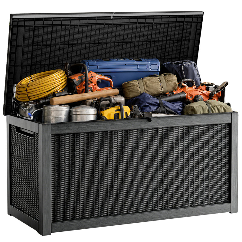 Coffre de rangement extérieur de 350 gallons (1 325 litres), très grand coffre de terrasse en résine résistant aux intempéries avec couvercle verrouillable, capacité de charge maximale de 454 kg (1 000 lb) pour coussins de patio, outils de jardin, accessoires de piscine et équipement de plein air