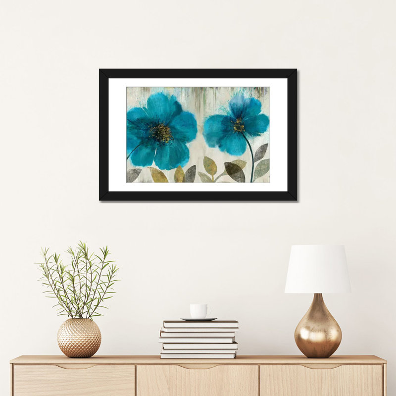 «Teal Flowers», reproduction sur toile, H 18 po x l 26 po x P 1,5 po, Toile avec cadre noir, Pas de tapis