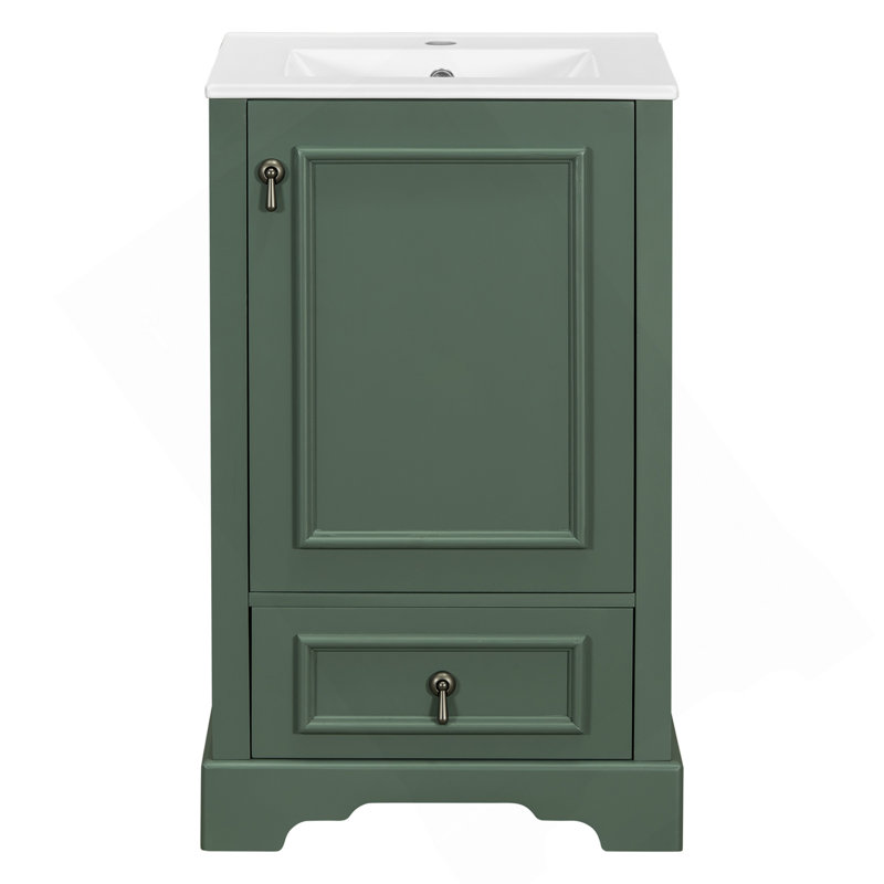 Meuble-lavabo de 20 po avec lavabo en céramique, porte à fermeture en douceur, tablette ajustable en forme de U, tiroir de compartiment et support de porte, style moderne, conception peu encombrante