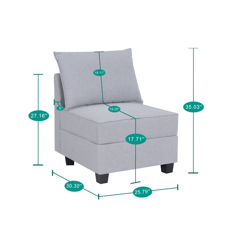 Borgar Middle Module with Storage Accent Armless Chair for Modular Sofa Customizable Sectional Sofa, Gray Linen