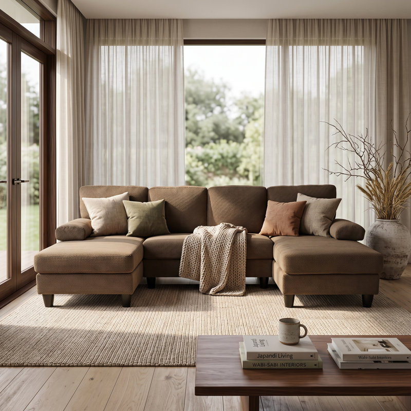 Canapé modulaire en forme de U de 104 po avec deux chaises et tissu texturé Nubby, Café
