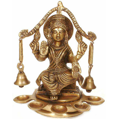 8.5" Handcrafted Brass Lakshmi Oil Lamp – 5-Wick Diya with Bells & Frame for Puja and Diwali Décor (2.4 kg)​