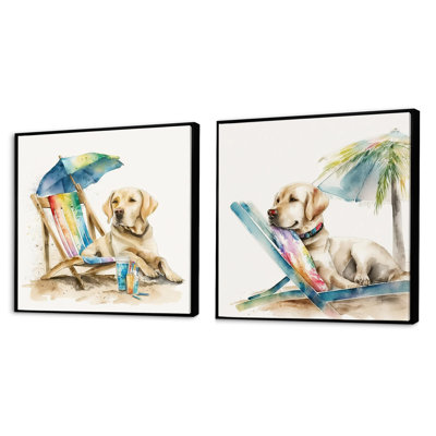 Dog Laying On Chair At The Beach - Animals Square Collage Set Of 2