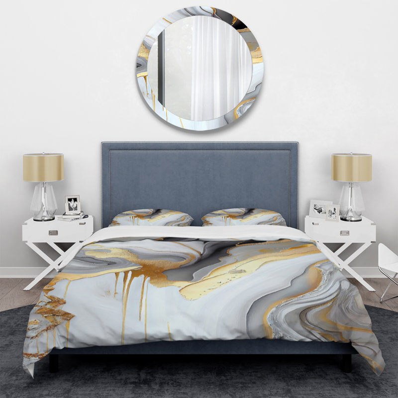 Blanc et or Marble Abstract II - Ensemble de housse de couette transitionnel moderne - Polyester en microfibre