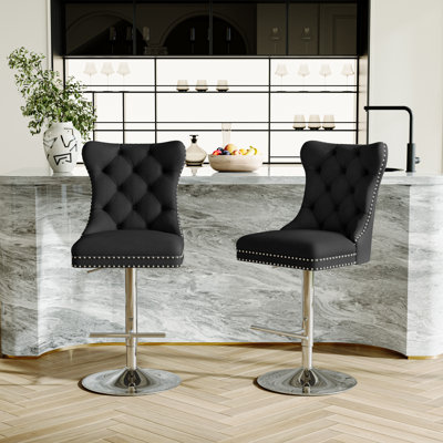 Swivel Bar Stools Set Of 2, Velvet Upholstered Counter Chairs With Tufted Back, Nailhead Trim,Adjustable Height