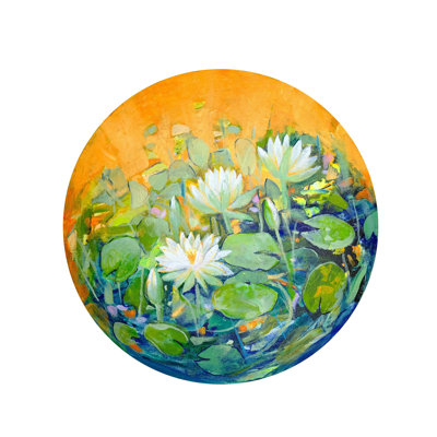 «Colorful Pond with Water Water», peinture acrylique sur toile par Sumita Maity - Art mural de paysage vibrant pour le salon