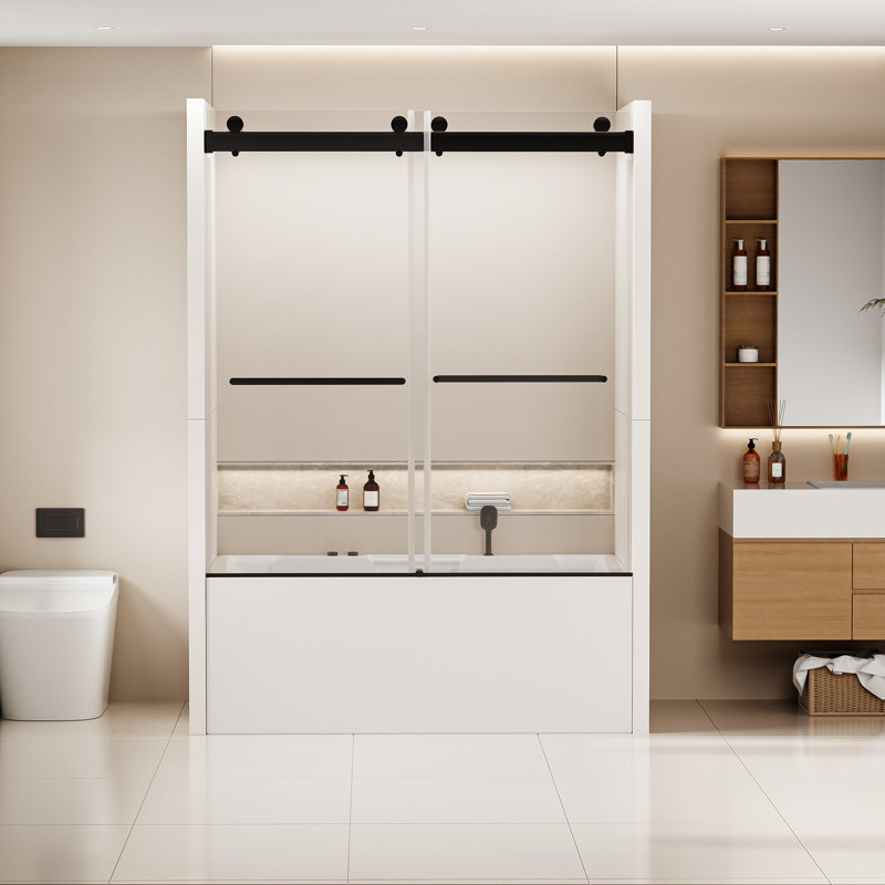 56 à 60 po X P 62 po H Double porte de baignoire coulissante sans cadre, Noir