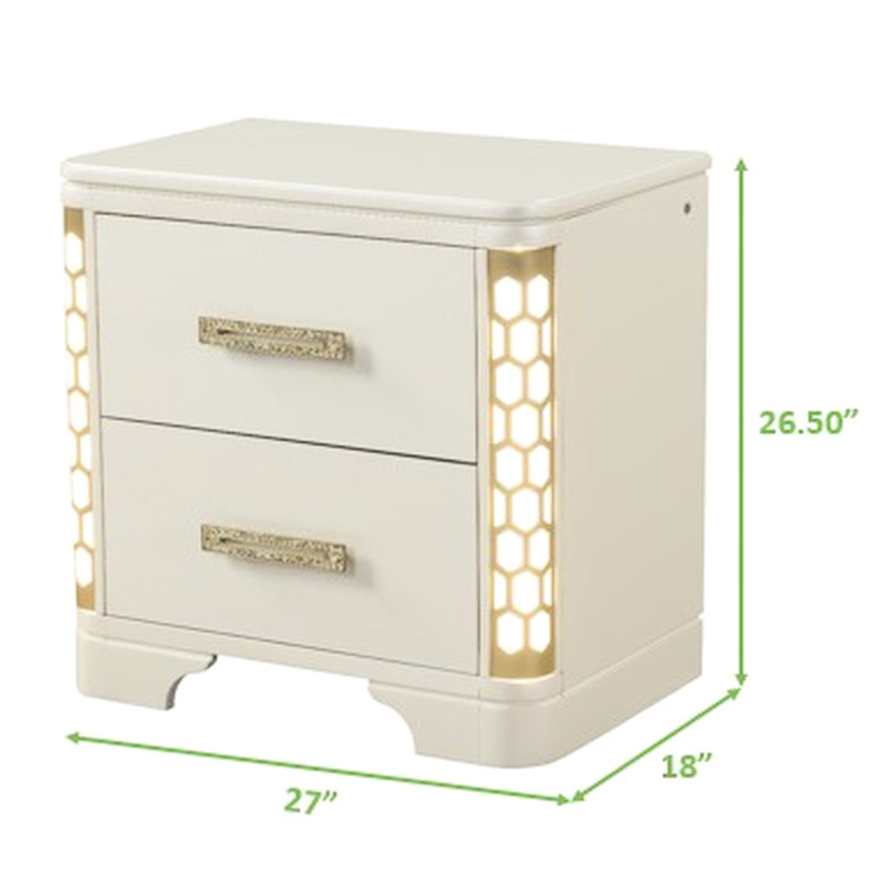 Table de chevet beige avec 2 tiroirs et éclairage latéral à DEL, commode décorative dorée à 2 tiroirs