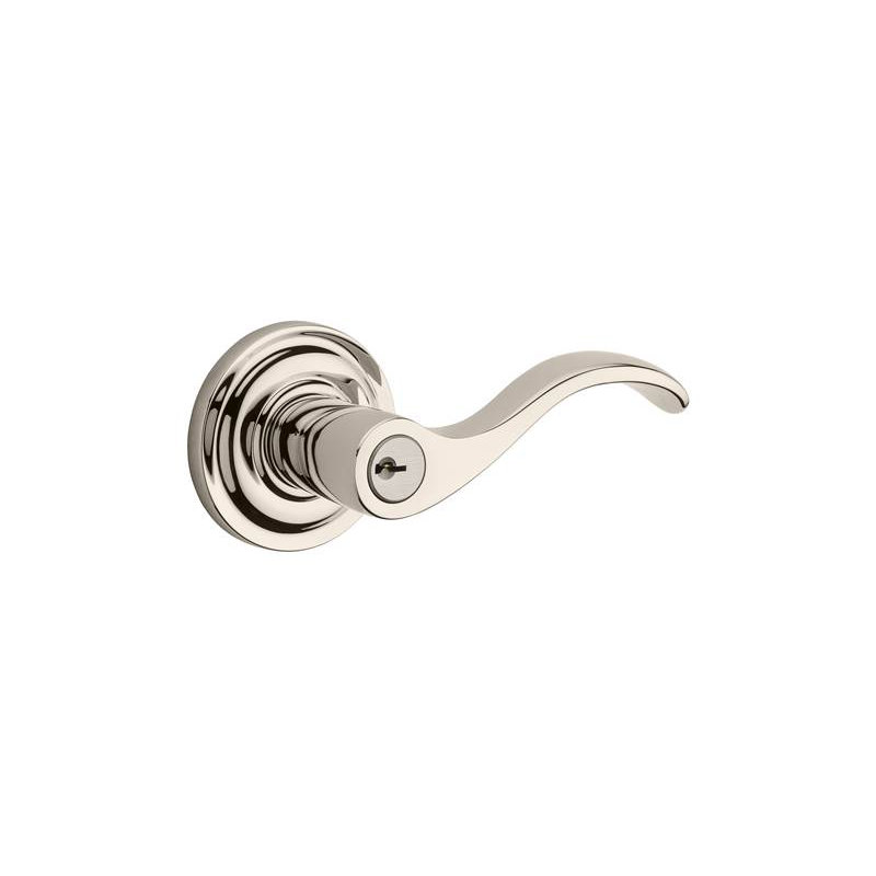 Curve Keyed Door Lever with Traditional Round Rose, Left, Bright Nickel, Yes