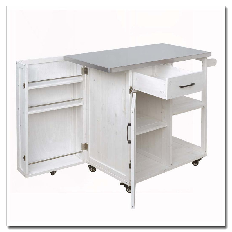 Outdoor Kitchen Island Fir Wood Prep Station Lockable Kitchen Cart with Stainless Top, Ample Storage Space, White