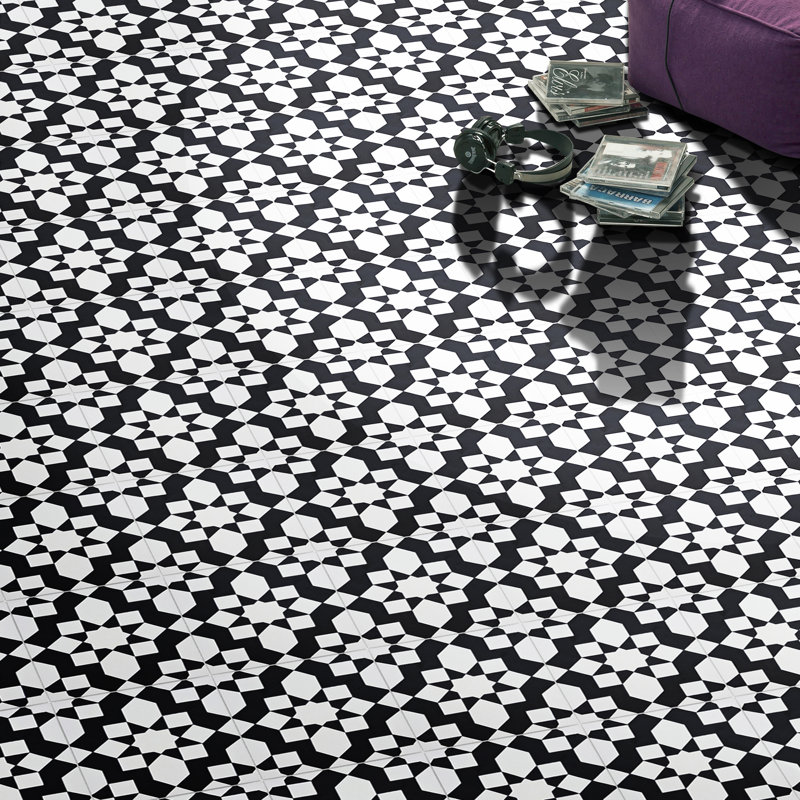 Carreau de ciment à motif pour mur et plancher 8 po x 8 po Affos, Blanc / noir