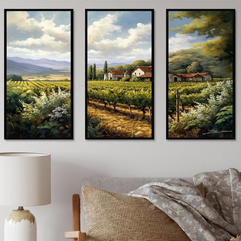 «Vineyard Charm Landscape I», ensemble d'art mural Vineyard, H 28 po x l 36 po, Cadre flottant noir