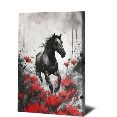 1 pièce, art mural, affiche, aquarelle, cheval noir, art mural sur toile avec fleurs rouges, peinture abstraite sur animal, décoration moderne pour le salon, chambre à coucher, bureau, ferme, œuvre d'art contemporaine, prête à être accrochée