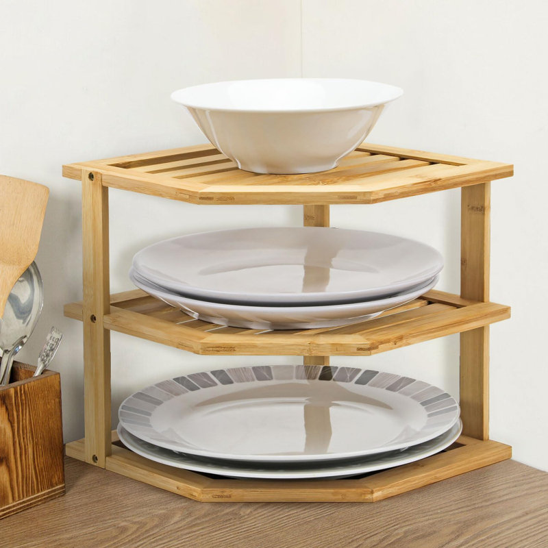 Bamboo 3 Tier Corner Shelf Unit Kitchen Plates Rack Tidy Cupboard Organiser Bathroom Desktop - Perfect Space Saving Idea