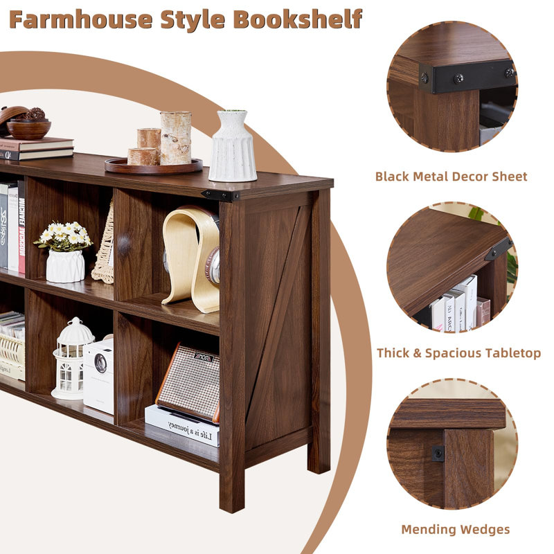 6 Cube Bookcase, Farmhouse Wood Low Storage Organizer Book Shelf, 47" Horizontal Navy Console Bookshelf With Legs, Hallway Book Case For Entryway, Display Cabinet For Living Room, Office