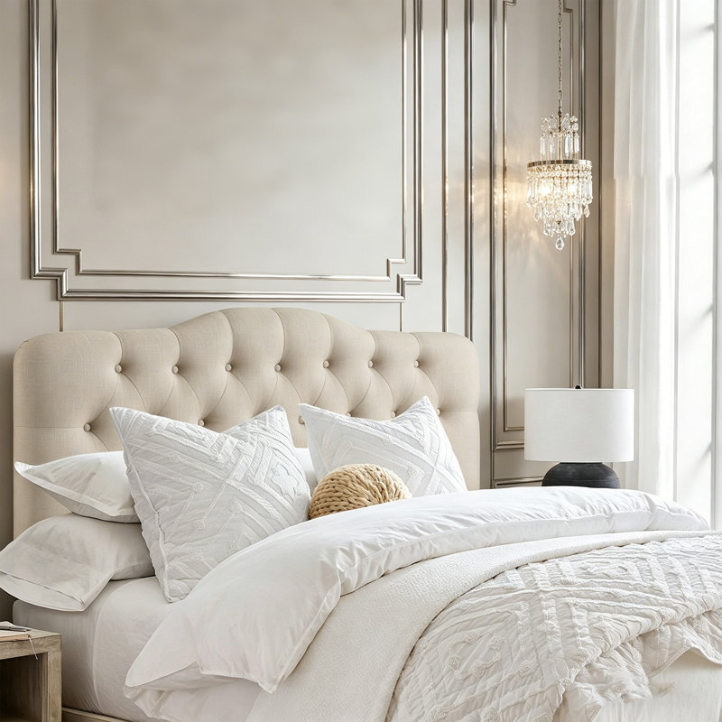 Tête de lit à hauteur réglable avec revêtement en lin et capitonnage pour la chambre à coucher, Très grand lit, Beige