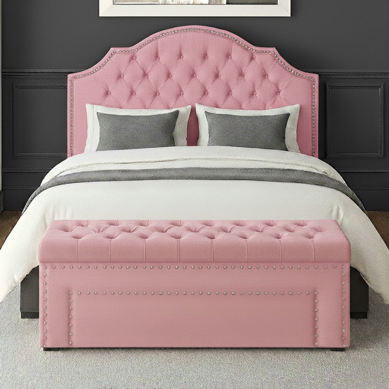 Duke Ottoman Storage Box - Chesterfield Upholstered Blanket Box - Plush Velvet Ottoman Bench with Storage, Pink