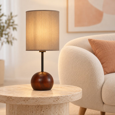 20" Japandi Mid Century Modern Nightstand Table Lamp Rubber Wood Round Ball Base Dimmable Bedside For Bedroom Study Desk