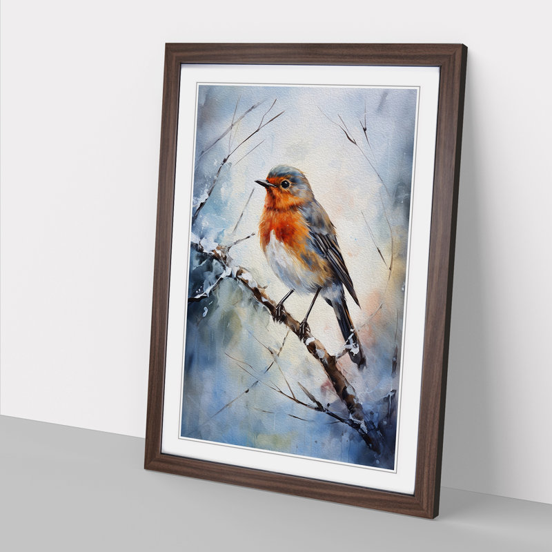 Robin Bird Impressionism No.2 - Single Picture Frame Print on Wood, Walnut, 64cm H x 46cm W x 2cm D