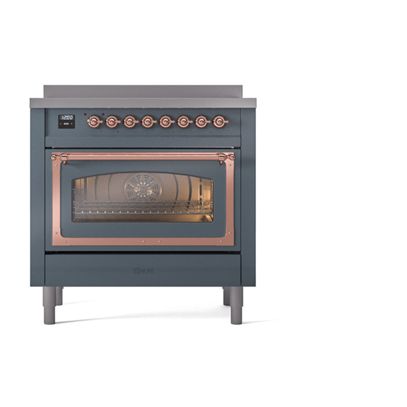 ILVE Nostalgie II Noblesse 36 po à induction, éléments à induction (porte vitrée), Gris-bleu / cuivre