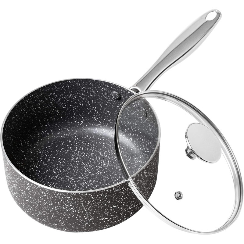 Casserole de 2 pintes avec couvercle, casserole antiadhésive avec revêtement en santé, casserole en granit avec poignée en acier inoxydable, compatible avec une casserole à induction de 2 pte