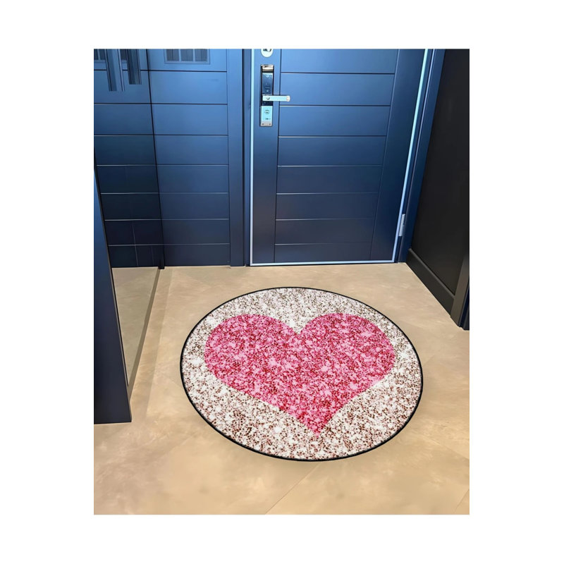 Dark Pink Heart Detailed Woven Base Modern Decorative Carpet, Round 2'8"