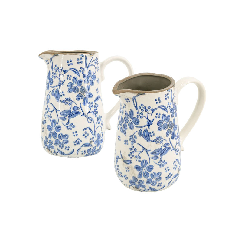 Pichet à fleurs - ensemble de 2 - 6,5 po x 4,5 po x 7 po - bleu / blanc